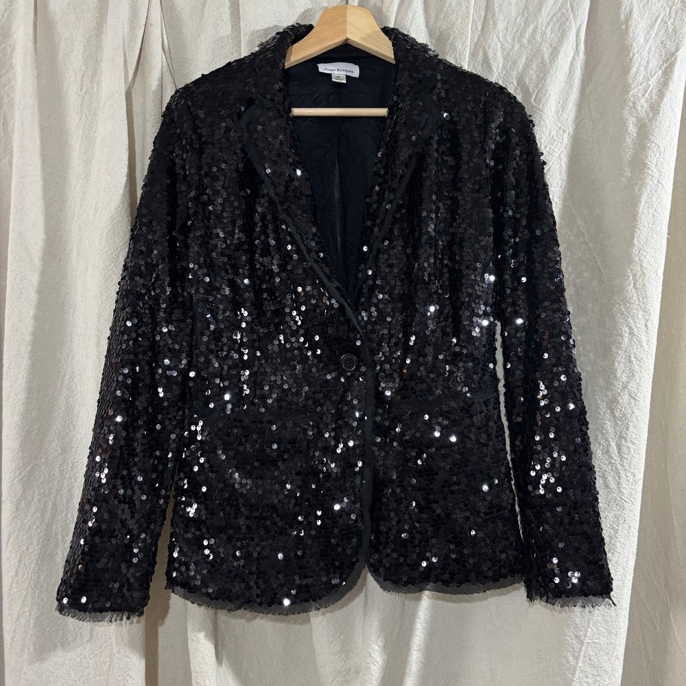Joan Rivers Black Sequin Blazer Jacket Womens XS Single Button Evening Sparkle - Picture 1 of 6